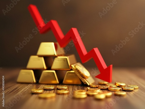 Gold bars stacks and red graph chart falling down on wooden background, symbolizing gold price decrease in commodity trading and bear market investment concept, chart, store of value