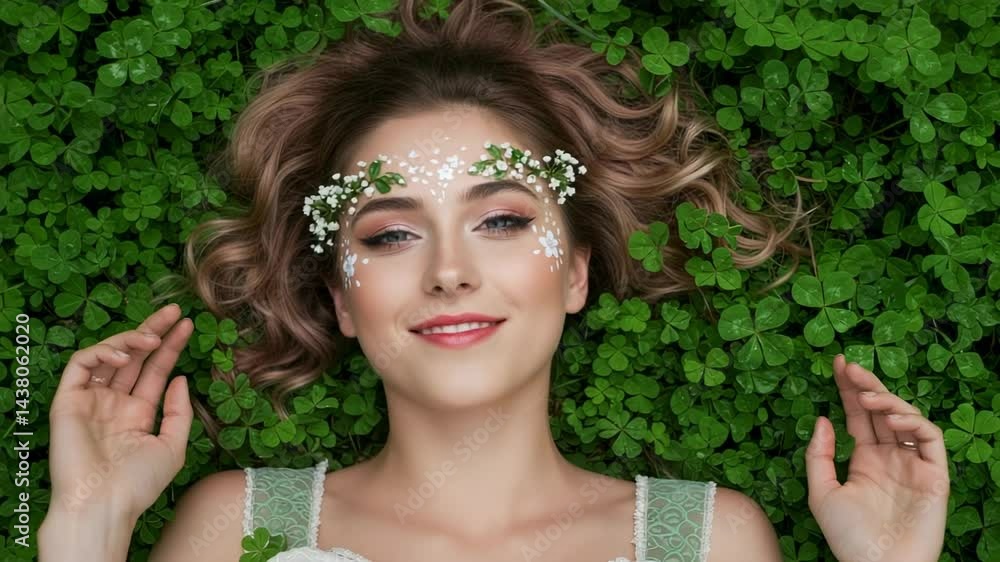 Young woman lying on green foliage with floral face decoration, smiling in a serene outdoor setting - fairytale makeup Young woman lying on green foliage with floral face decoration, smiling in a serene outdoor setting - fairytale makeup