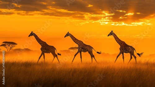 Giraffes walking at sunset in African savanna