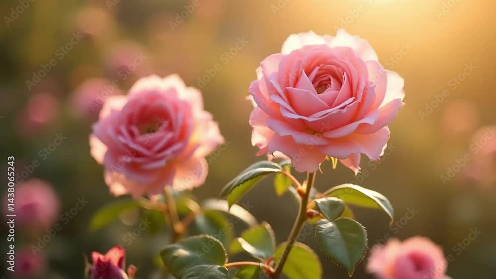 Delicate pink roses glow softly in warm light, bathed in golden sunlight Delicate pink roses glow softly in warm light, bathed in golden sunlight