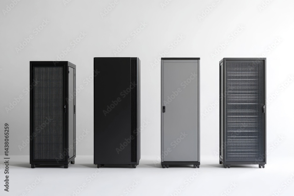 Four server racks in different styles stand against a white wall, showcasing variations in design and ventilation. Four server racks in different styles stand against a white wall, showcasing variations in design and ventilation.