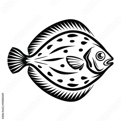 Stylized Black & White Flounder Flatfish with Spotted Body and Fins Design