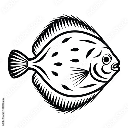 Isolated Turbot Silhouette, Flatfish Contour, Black and White, Seafood Icon, Outline