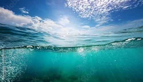 half underwater shot of the sea with cloudy sky turquoise water sun glare and bubbles forming a calming ocean landscape