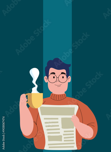 Young man reading newspaper while having coffee. Flat vector illustration isolated on white background