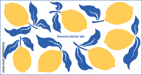 Hand drawn lemons with leaves flat vector set. Mediterranean Italian summer style. Clipart set, editable elements with transparent background. For posters, textiles, wallpapers, packaging, stickers