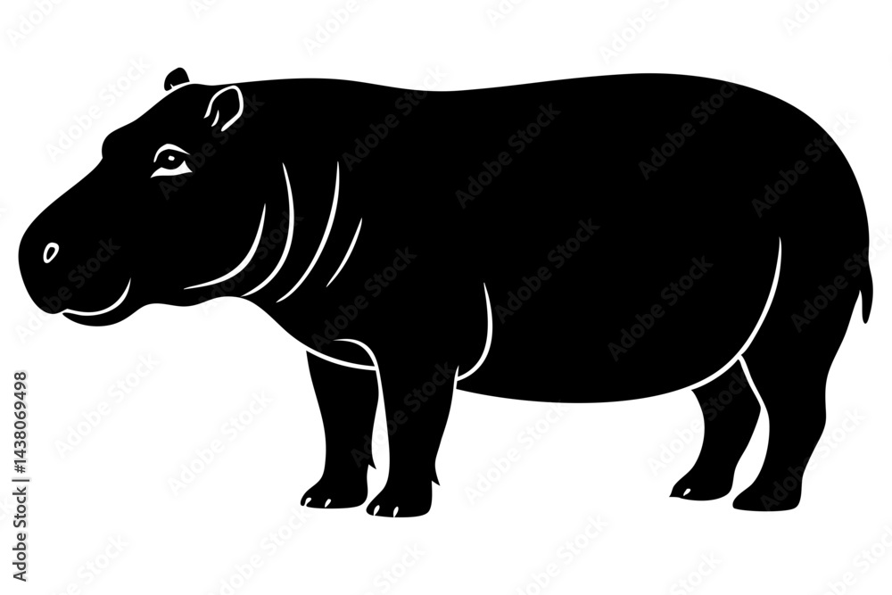 Obraz premium Black and white hippopotamus illustration standing with side view isolated on white, hippopotamus, hippo, mammal, animal, wildlife, wild, africa, african, safari, nature, vector, illustration, black