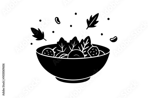 Monochrome illustration of fresh salad bowl with vegetables and leafy greens, salad, bowl, healthy, food, vegetable, vegetarian, vegan, lettuce, greens, diet, nutrition, fresh, natural, organic
