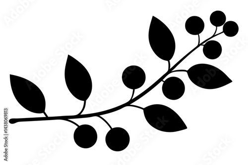 Elegant berry branch silhouette with leaves for decoration and design projects, berry, berries, branch, leaf, leaves, foliage, plant, silhouette, vector, illustration, nature, botanical, design