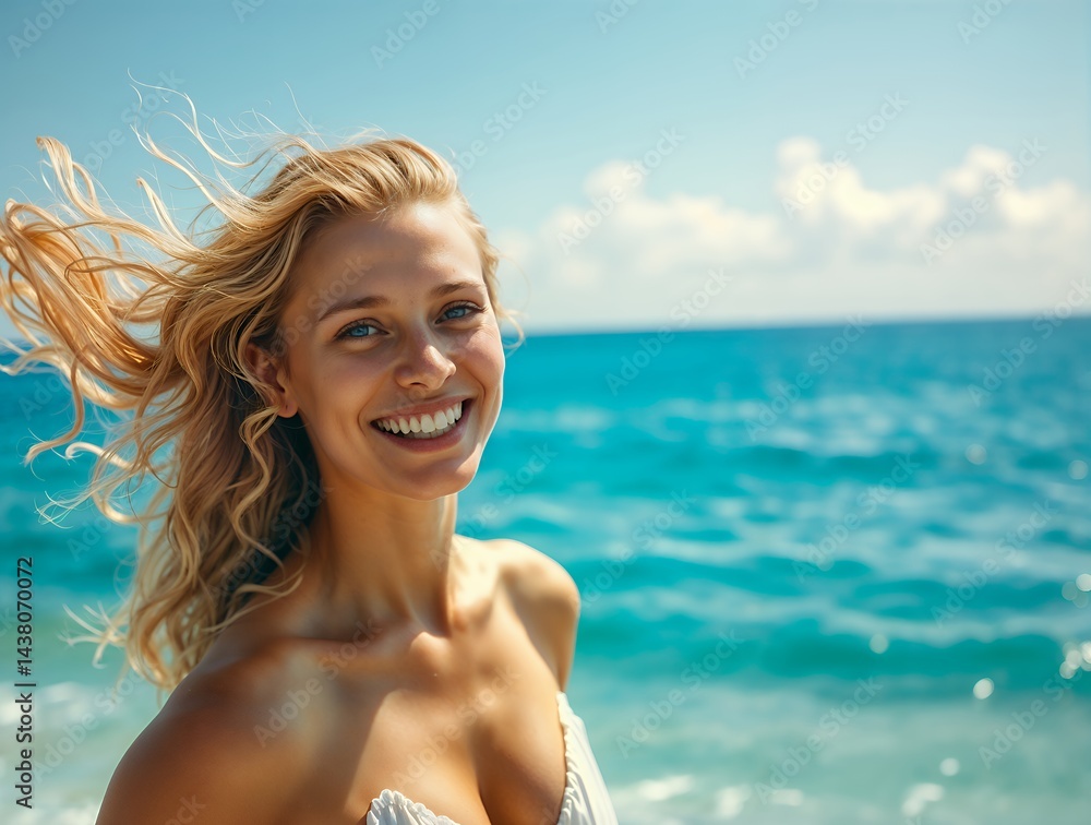 A woman with flowing brunette hair stands near turquoise water, draped with a brightly colored, A woman with flowing brunette hair stands near turquoise water, draped with a brightly colored,