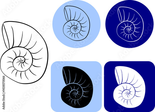 Spiral seashell logo vector. Graphic line ink minimalist shaped logo. Fibonacci design. Graphic element. Minimalist, elegant, seashell design. For logo, web, package, sticker.