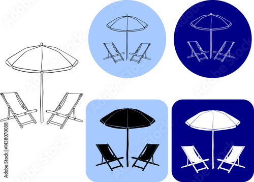 Beach chairs and umbrella logo. Vector graphic line ink composition beach seating sign. chaise longue and parasol. beach chair logo. for package, vacation design, fabric and textile.