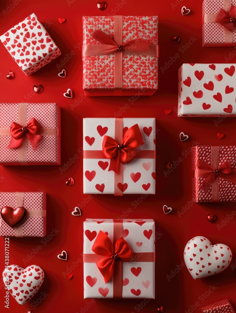 Obraz premium Elegant red wrapping with white polka dots, a bow and hearts, presented on a vibrant red background with scattered hearts.