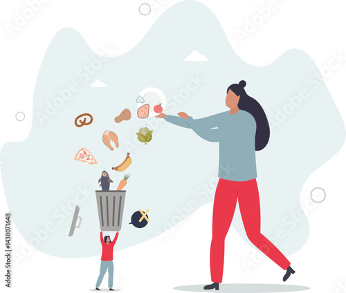 Food waste and meal leftovers garbage reduce awareness.Throw away groceries in trash after shelf life end . character life .