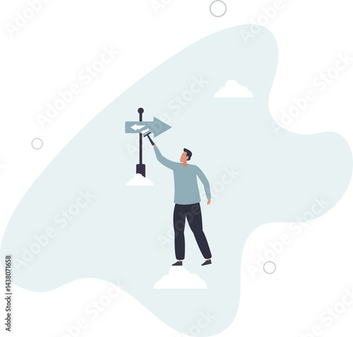 Change to opposite direction, hesitate business decision to change to better opportunity, conflict or reverse direction, career path concept. character life .