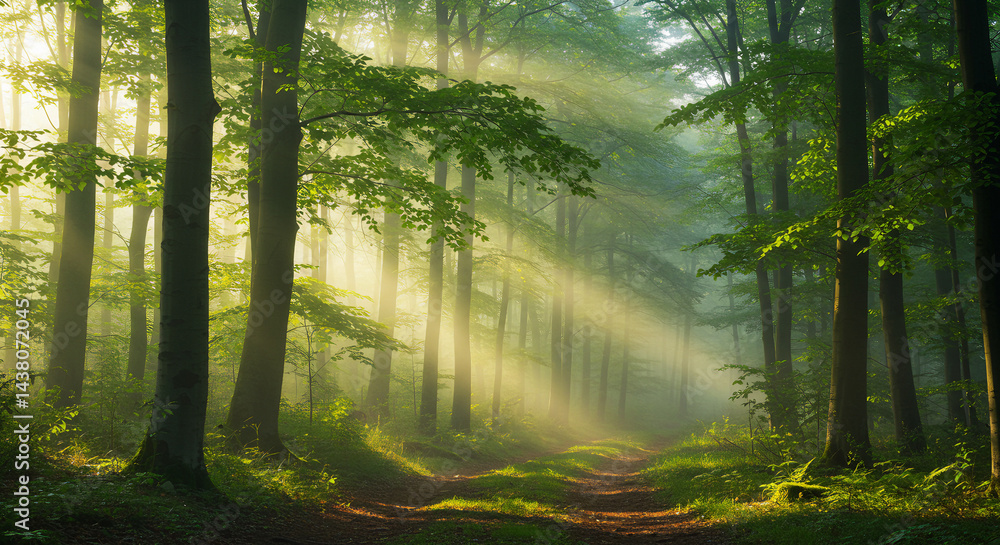 Naklejka premium Serene Forest Scene with Sunlight Filtering Through Dense Green Foliage