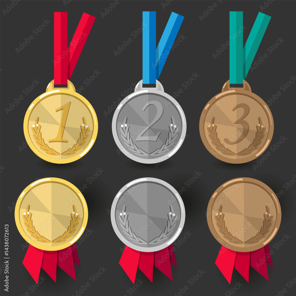Gold, silver and bronze medals with ribbons and rosettes of ribbons. Vector set Gold, silver and bronze medals with ribbons and rosettes of ribbons. Vector set