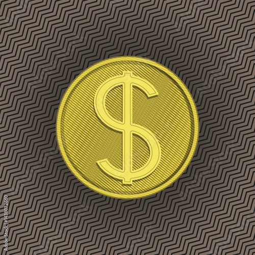 Gold coin with a dollar sign on a textured background. Vector illustration