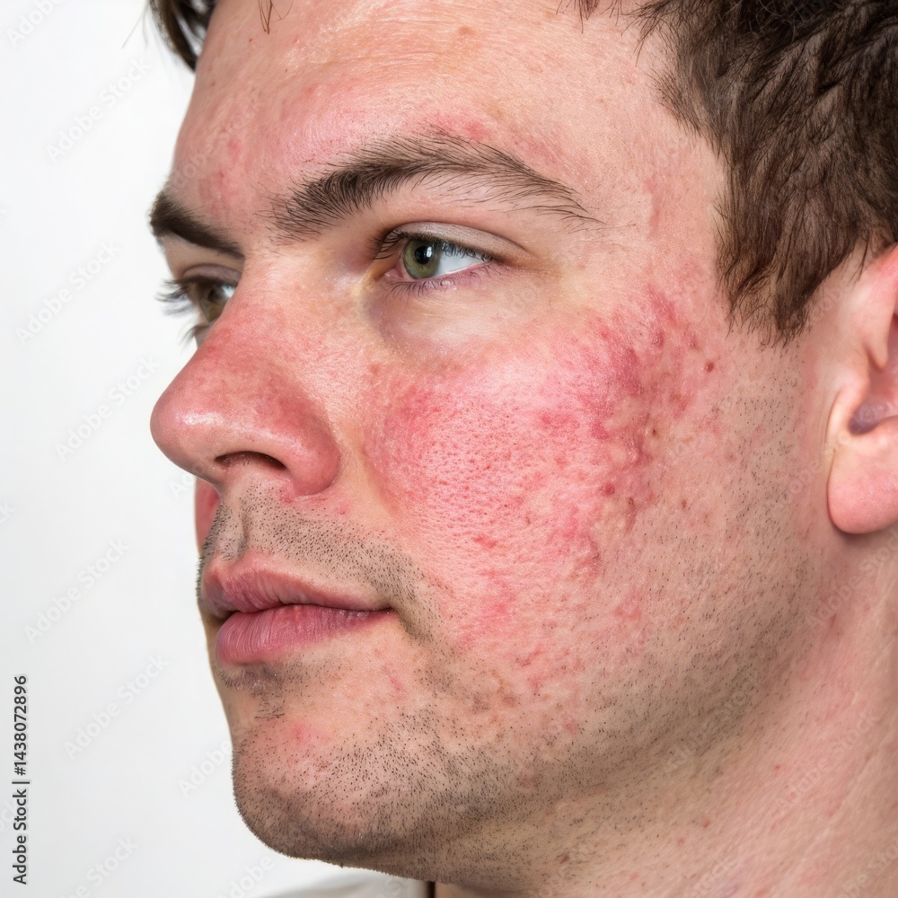 Rosacea manifestation on facial skin, displaying redness and prominent blood vessels on the cheeks and nose Rosacea manifestation on facial skin, displaying redness and prominent blood vessels on the cheeks and nose