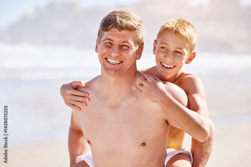 Ocean, portrait and family with piggy back, smile and fun holiday for bonding together on travel adventure. Happy, dad and boy child on summer island vacation with tropical beach, water and support Ocean, portrait and family with piggy back, smile and fun holiday for bonding together on travel adventure. Happy, dad and boy child on summer island vacation with tropical beach, water and support