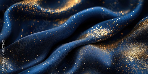 Close-up image of a dark blue velvet fabric adorned with glittering golden sparkles, creating a luxurious and shimmery appearance.