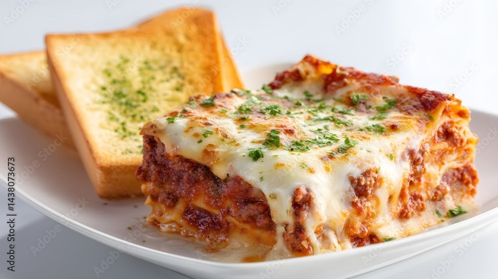 A delicious plate with a slice of lasagna topped with cheese and spices, paired with two slices of garlic bread. Ready to be served. A delicious plate with a slice of lasagna topped with cheese and spices, paired with two slices of garlic bread. Ready to be served.