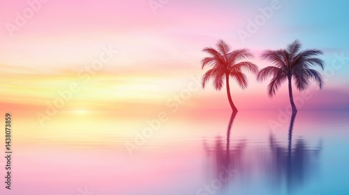 Colorful Tropical and Exotic Location Sunset over a tropical island with palm trees and colorful sky  warm lighting  creates a romantic and serene atmosphere