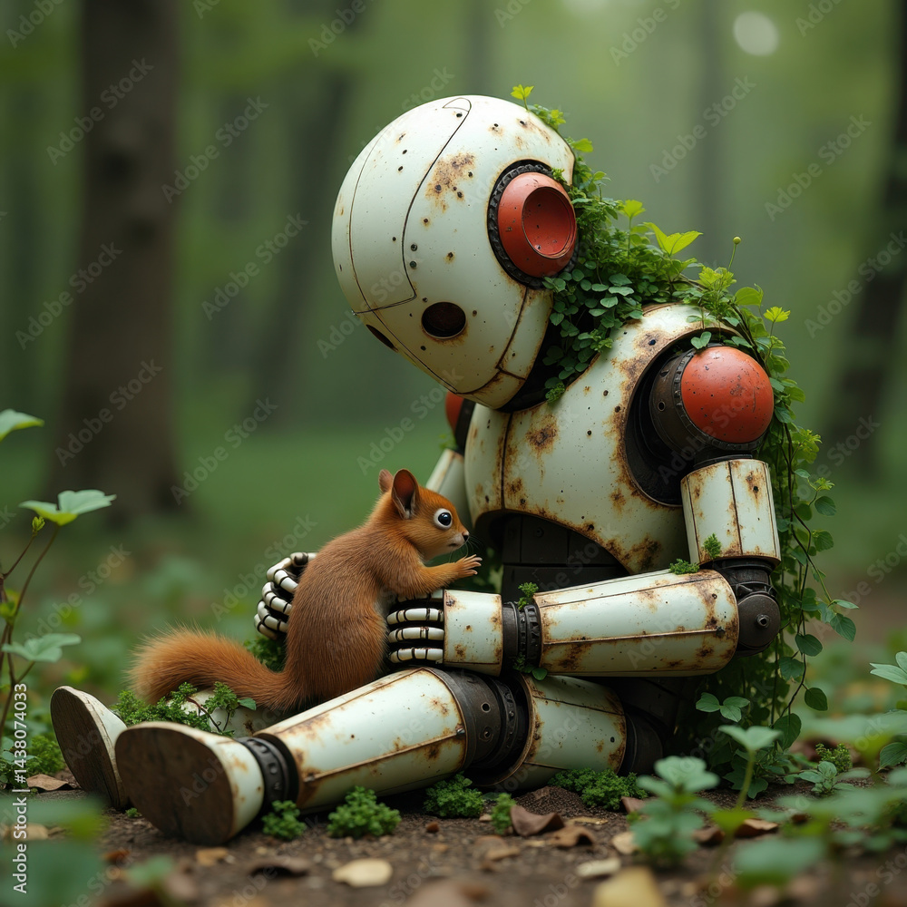 A charming scene depicting a rusty robot sitting in a forest with a squirrel enjoying nature