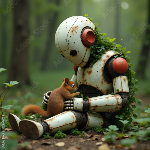 Obraz na płótnie A charming scene depicting a rusty robot sitting in a forest with a squirrel enjoying nature w salonie