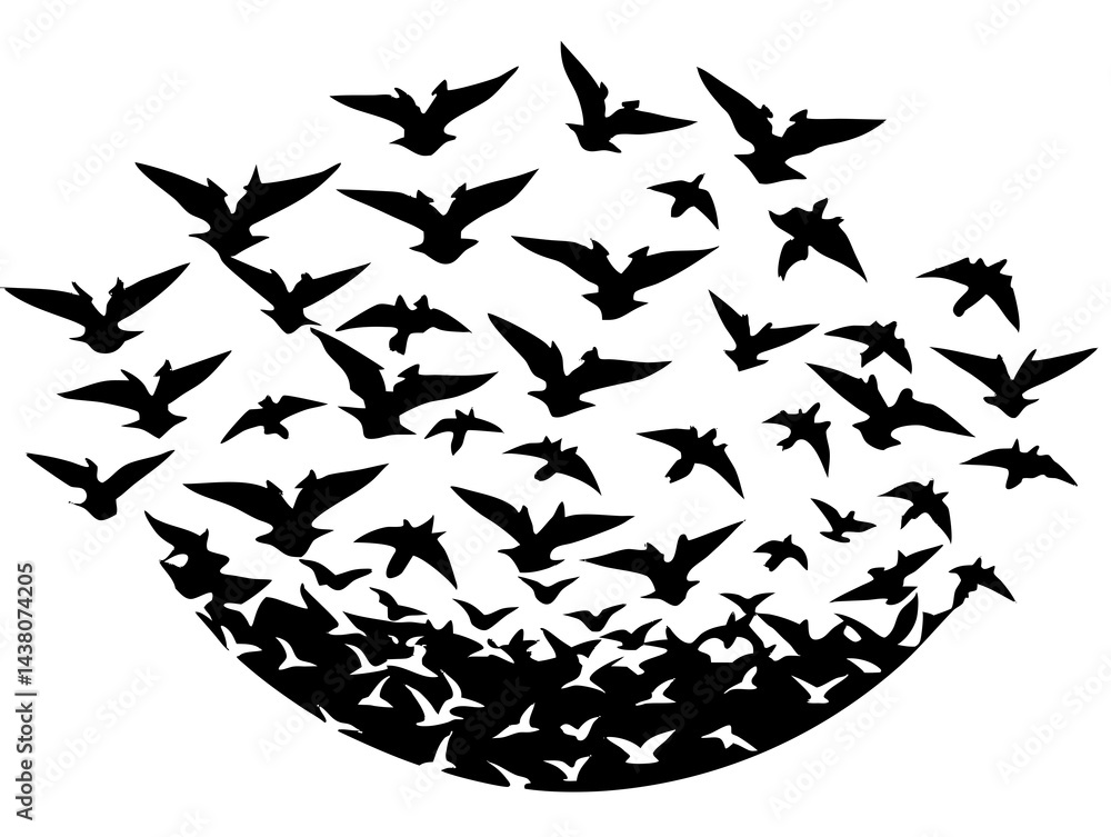 Fototapeta premium Elegant flock of birds flying in a perfect V formation across a golden sunrise sky, minimalist vector
