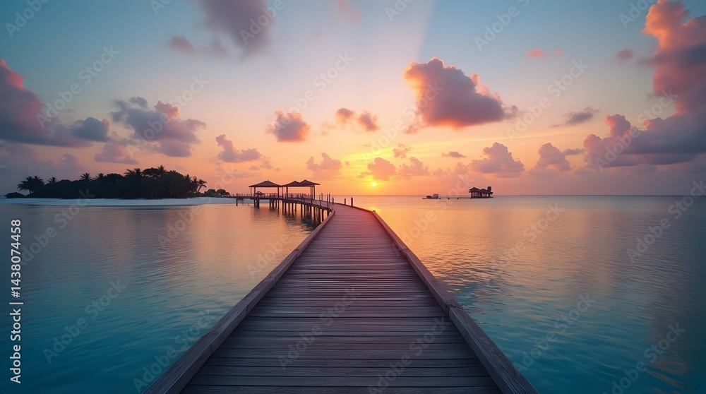 Obraz premium Pier leading to an island in the ocean at sunset. Concept of luxury travel away from civilization.