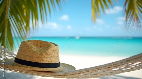 A straw hat with black stitching lies on a knitted hammock under palm trees, against the backdrop of bright blue ocean water.