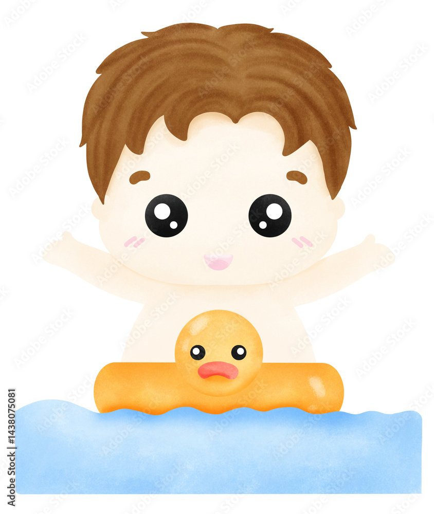 Fototapeta premium A boy wearing a rubber duck ring plays in the water.