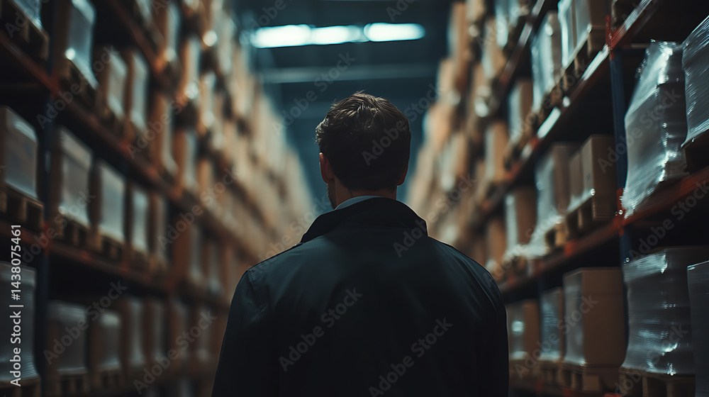 Man in a Warehouse Aisle Man in a Warehouse Aisle