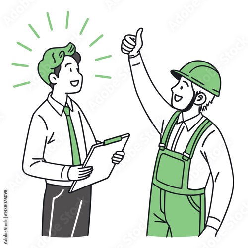 Outline Style Happy Inspector with Clipboard and Construction Worker Giving Thumbs Up