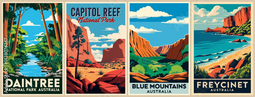 Set of Australia national parks travel posters in retro style. Colorful vector art illustrations