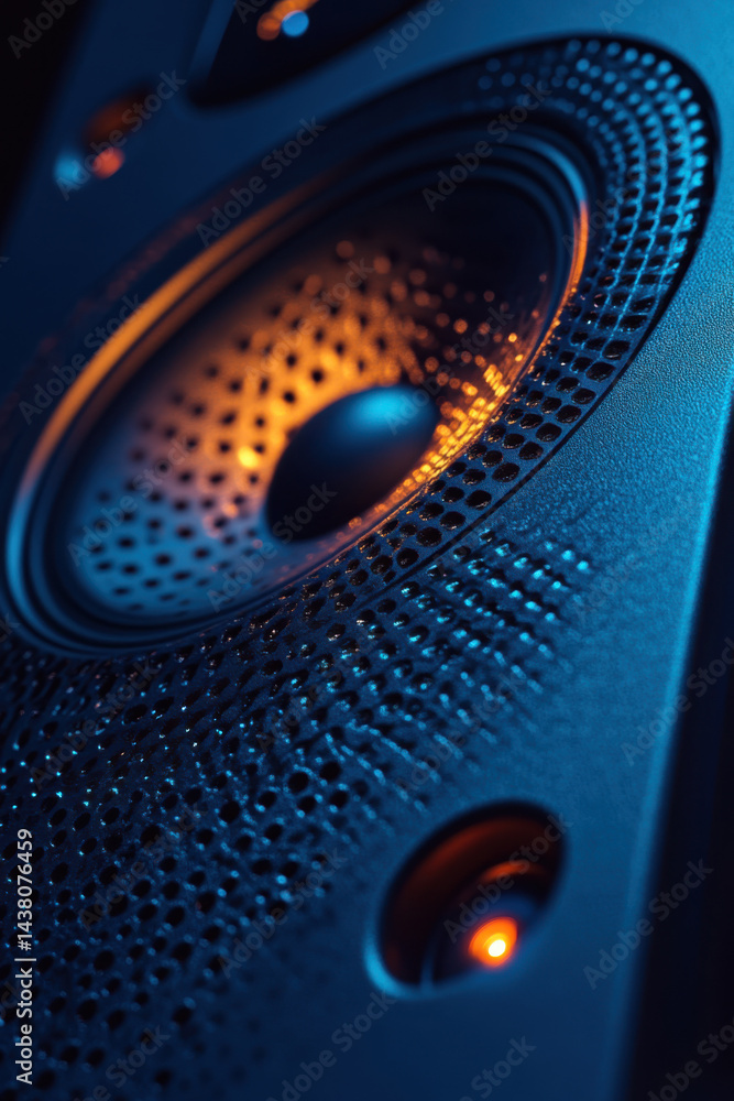Close-up of modern audio speaker with vibrant blue and orange lighting highlighting textured surface and advanced acoustic design