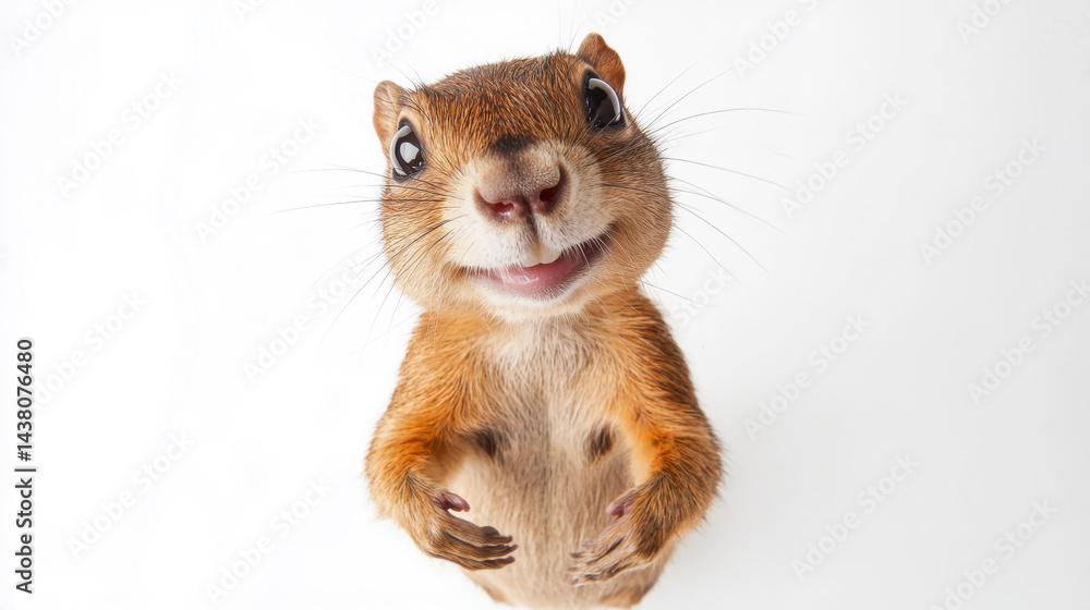 Adorable squirrel close-up with whiskers and bright eyes on a white background displaying curious and friendly expression