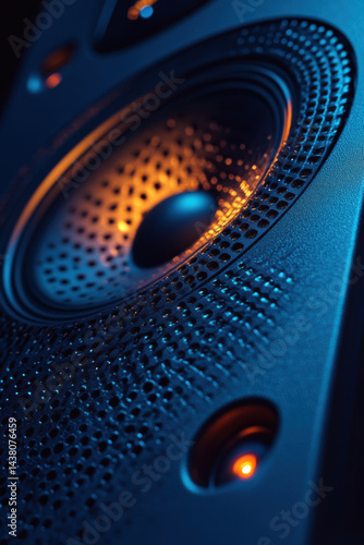 Obraz na płótnie Close-up of modern audio speaker with vibrant blue and orange lighting highlighting textured surface and advanced acoustic design w salonie