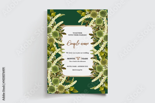 WEDDING INVITATION FRAME WITH FLOWER DECORATIONS AND FRESH LEAVES