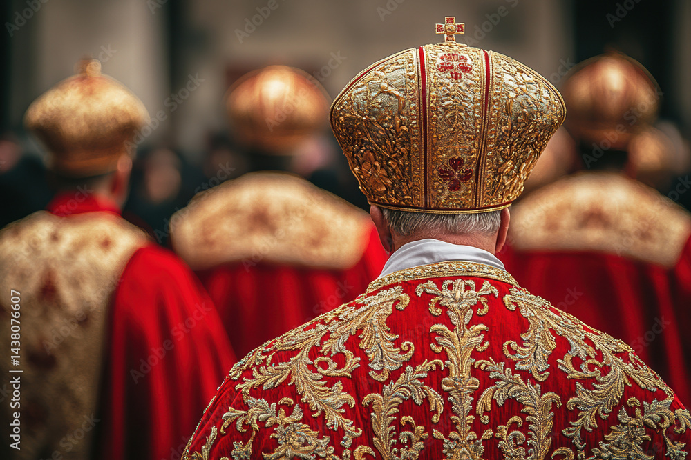 Ornate religious ceremony with clergy in red and gold vestments