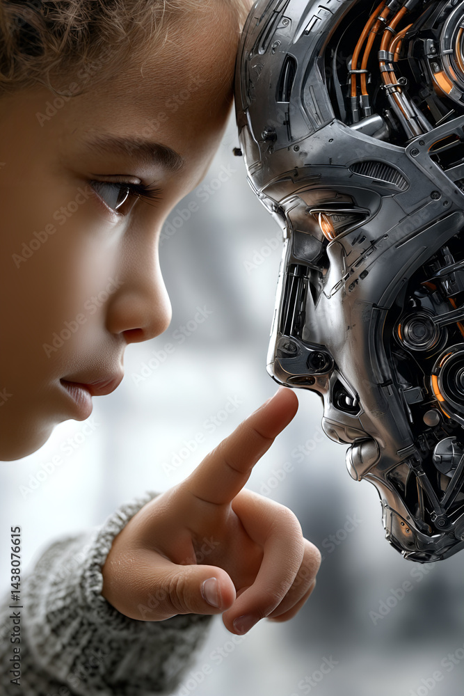 Young child interacts intimately with advanced futuristic robot, exploring human-machine connection and emotional technology interface