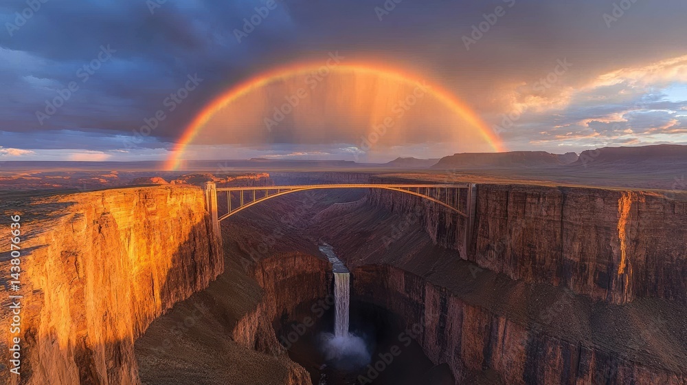 Stunning rainbow over canyon with dramatic waterfall and bridge at sunset
