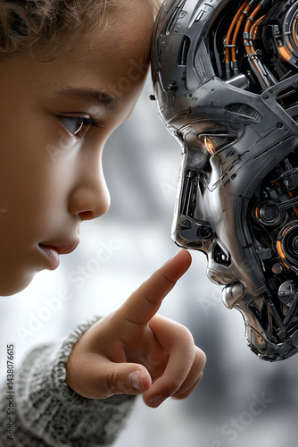 Obraz na płótnie Young child interacts intimately with advanced futuristic robot, exploring human-machine connection and emotional technology interface w salonie