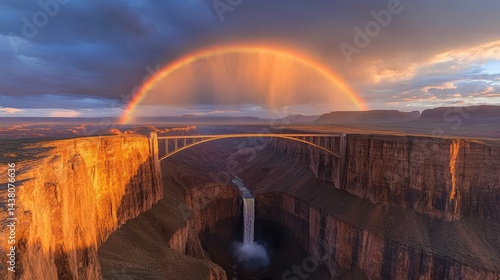 Obraz na płótnie Stunning rainbow over canyon with dramatic waterfall and bridge at sunset w salonie