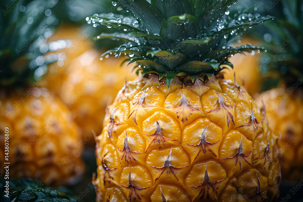 Close-up of fresh pineapples with water droplets on rind and green spiky leaves in tropical garden