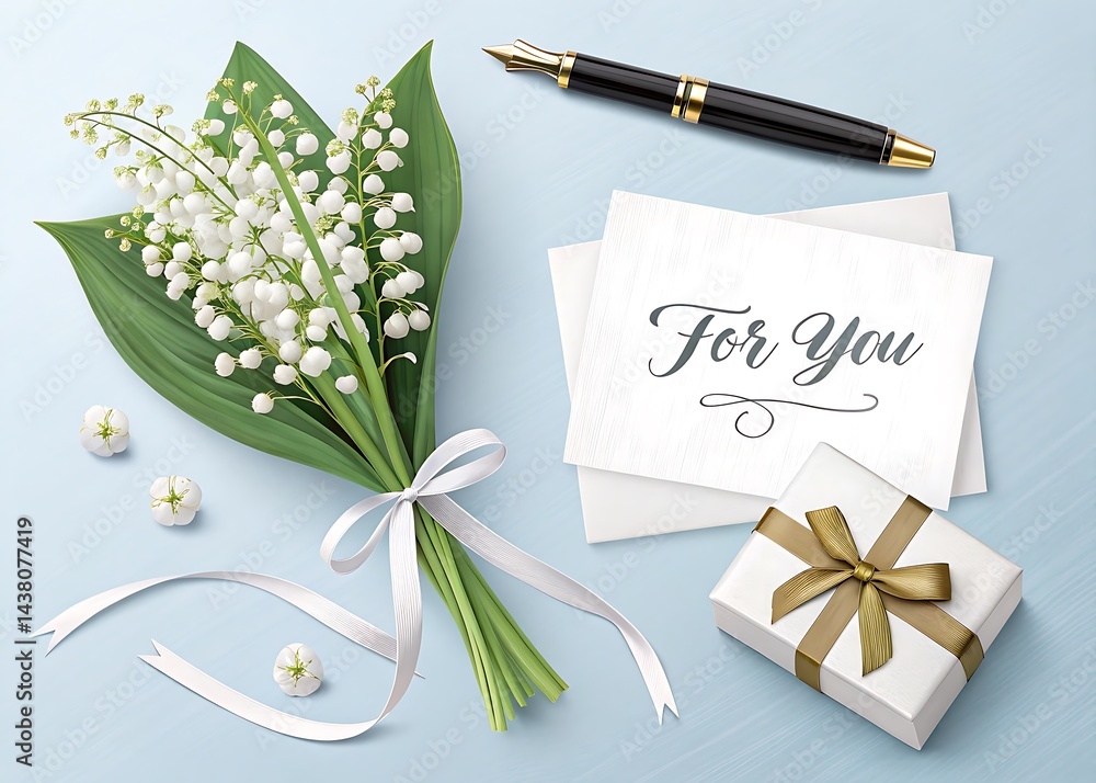 Fototapeta premium Lily of the valley bouquet with gift box and pen on a light blue surface for a special occasion