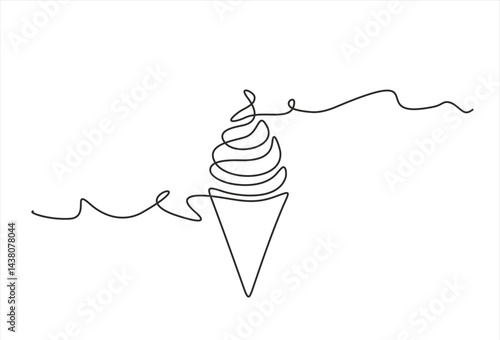 Ice cream in waffle cone in one continuous line drawing. Symbol dessert gelato for menu and business card design in simple linear style. Editable stroke. Doodle contour vector illustration
