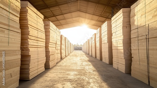 Wallpaper Mural Sunlight streaming through a lumber storage facility, illuminating stacked wooden planks Torontodigital.ca