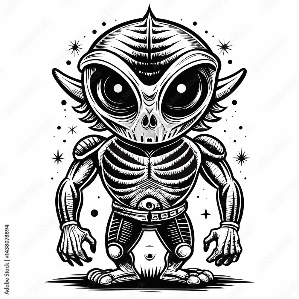 Fototapeta premium Retro Alien Character with Big Eyes and Cosmic Design in Vintage Black and White Style